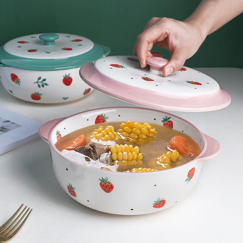 ∏○⊙手繪湯碗陶瓷餐具帶蓋大碗家用創意雙耳大號面碗日式簡約碗