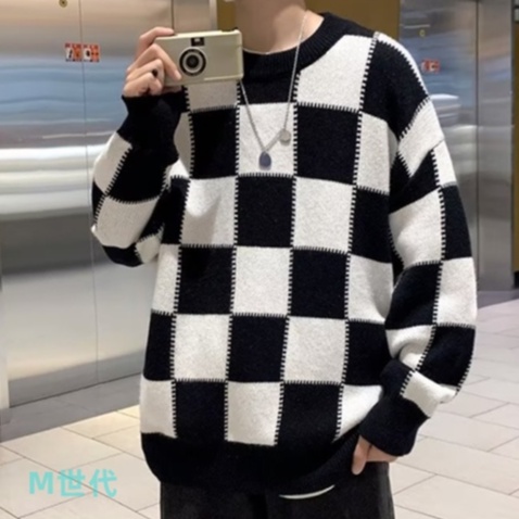 【M世代】男生衣著 針織毛線衫 針織毛衣男 長袖針織毛衣男 針織衫男 棋盤格毛衣男韓版潮流寬鬆圓領針織(BWJ595