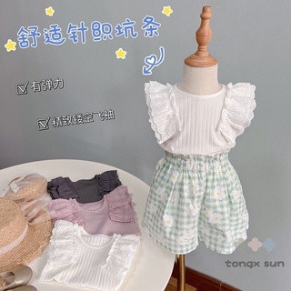 韓國ins童裝 女童純棉背心夏季上衣韓版娃娃衫蕾絲飛袖無袖T恤百搭網紅中兒童t