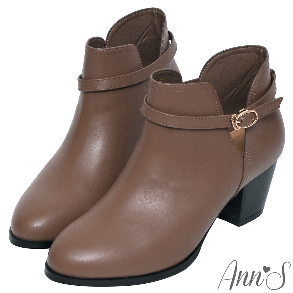 Ann’S美的有意義-顯瘦V口扣帶可拆兩穿粗跟短靴6cm-咖