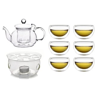 手工耐熱玻璃花茶壺超值八件組 茶壺 花茶壺 保溫座 雙層杯 茶具組 下午茶 咖啡杯 2059生活居家館