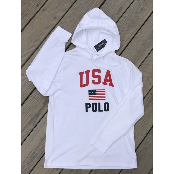 全新正品 Polo Ralph Lauren 美國🇺🇸國旗標誌USA長袖連帽T恤 成人版M號白色長T 非青年版