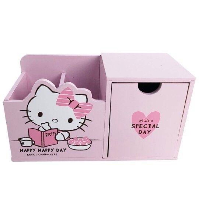 正版授權 Hello Kitty 造型橫式木質筆筒收納盒 置物架 抽屜盒 收納盒 化妝品 桌上型收納盒 分格收納 整理盒