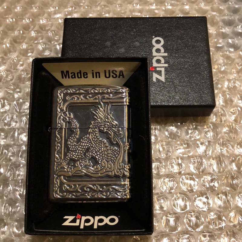 Zippo 打火機 龍側 EP 藍色 /銀色銀熏 華麗寶石花紋