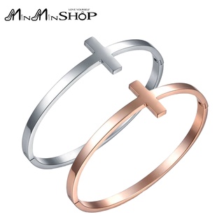 MinMinSHOP 女性手鐲 十字架手環 鍍玫瑰金手鐲 白鋼手環 宗教信仰 基督教 天主教 耶穌 祈禱 素面十字架手環