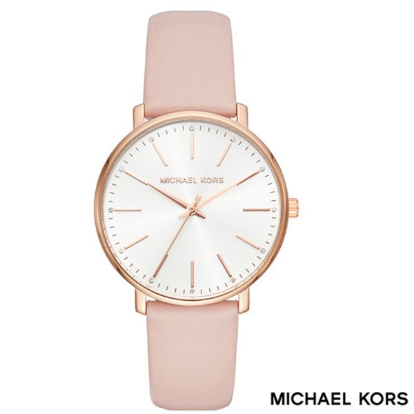 MICHAEL KORS 玫瑰金白面簡單三針粉色皮帶女錶 38mm MK2741 公司貨保固2年