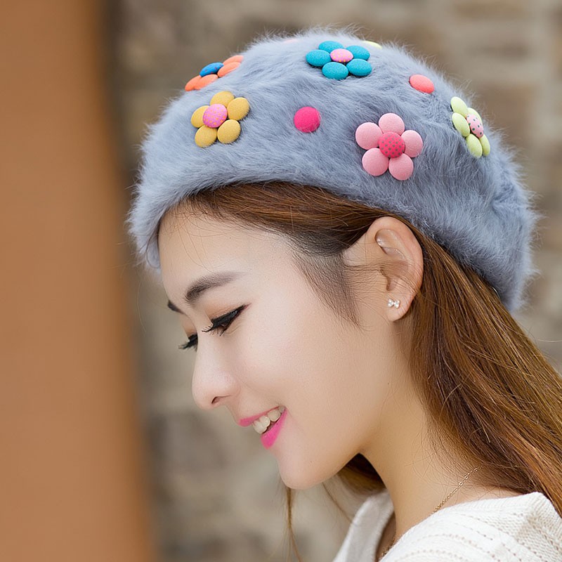 貝雷帽 秋冬季帽子女韓版 潮甜美可愛紐扣花兔毛畫家帽女士冬天帽