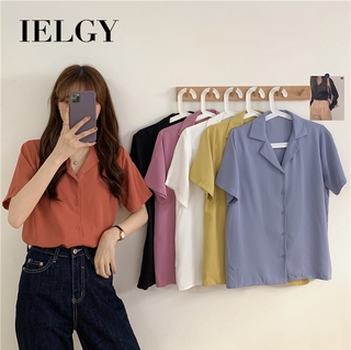 IELGY 韓版上班族襯衫簡約翻領短袖休閒上衣