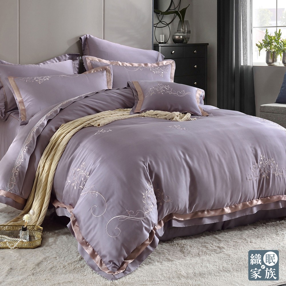 織眠家族｜60支天絲刺繡兩用被套床包組-紫夢情深(100%萊賽爾天絲 雙人 加大 特大)