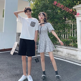 【COUPLE】情侶裝夏裝2022💯小眾新款法式短袖泡泡袖顯瘦連衣裙你衣我裙