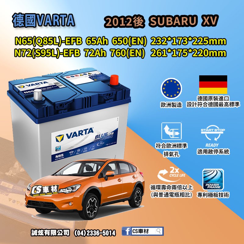 CS車材-VARTA 華達電池 SUBARU XV 12年後 N65 Q85 N72 S95 EFB 非韓製 代客安裝