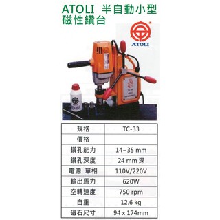 ATOLI 半自動小型磁性鑽台 TC-33 價格請來電或留言洽詢
