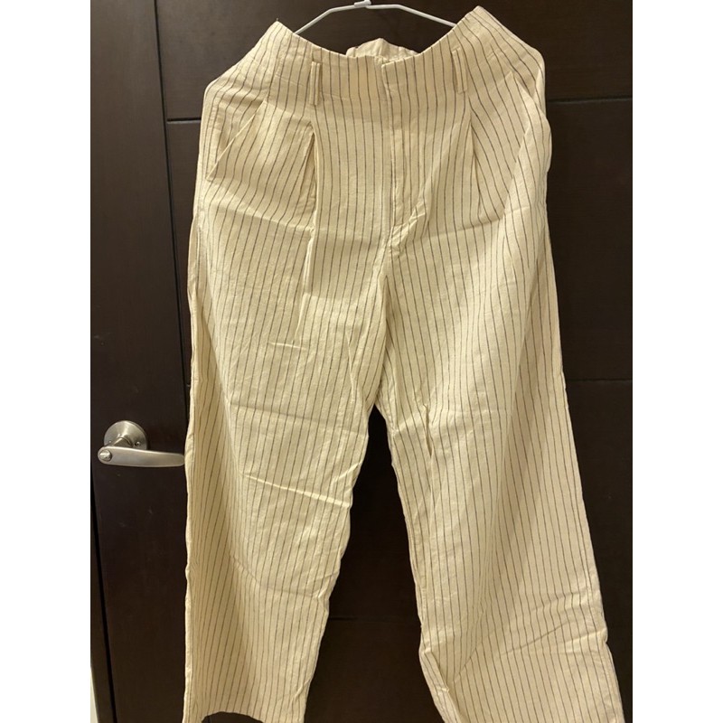 Uniqlo 米色直條紋高腰寬褲