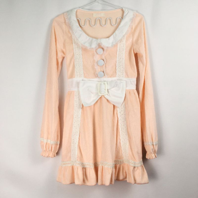 日系品牌Mussa夢幻粉橘絨質感可拆大蝴蝶結修身長袖洋裝
