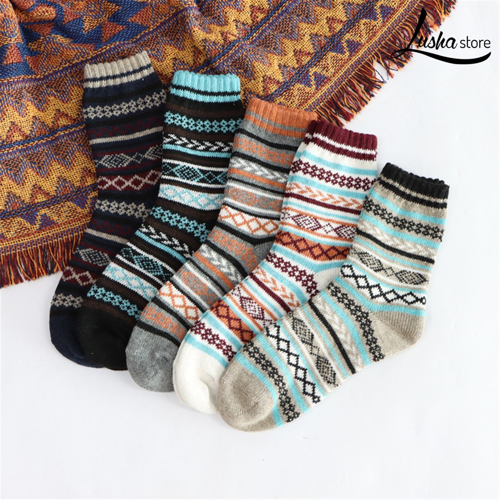 Lush👔【熱賣】5雙男士粗針民族風襪子中筒襪 秋冬粗線保暖加厚羊毛襪
