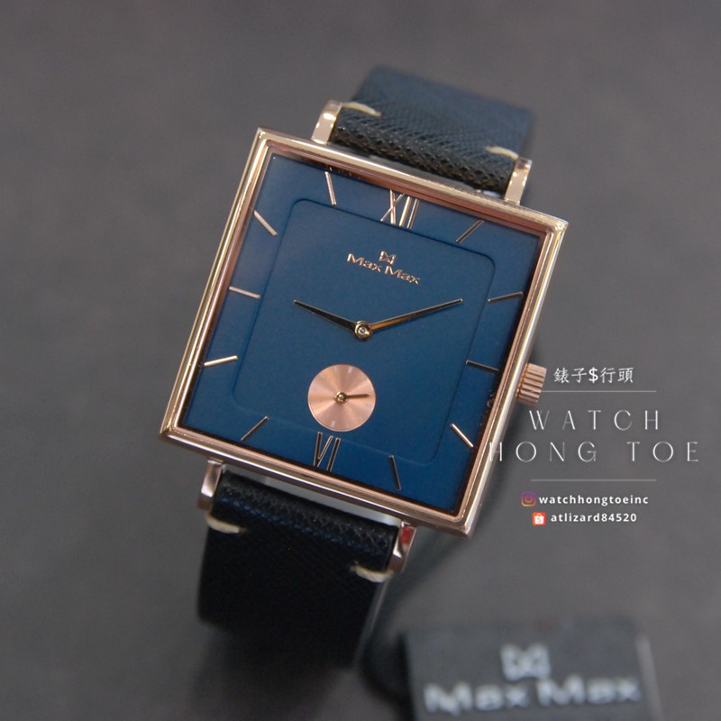 []錶子$行頭[] Max Max 極簡方塊羅馬時刻小秒針腕錶-皮帶/藍面玫瑰金 ( MAS7033-3 )