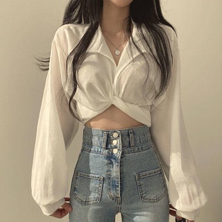 大碼胖MM白色襯衫女春季設計感小眾長袖襯衣交叉v領綁帶短款上衣