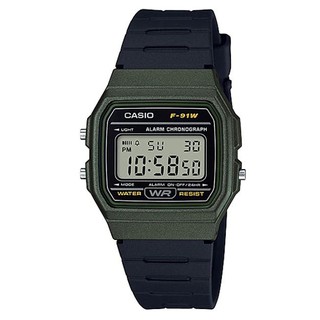 【CASIO】經典金屬色系運動電子腕錶-綠框(F-91WM-3A)正版宏崑公司貨