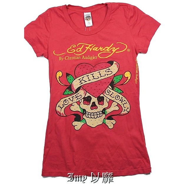 Ed Hardy 女短袖 T 恤 Love Kills 愛心骷顱 彩鑽 刺青潮牌 紅色 XS 【以靡正品 imy88】