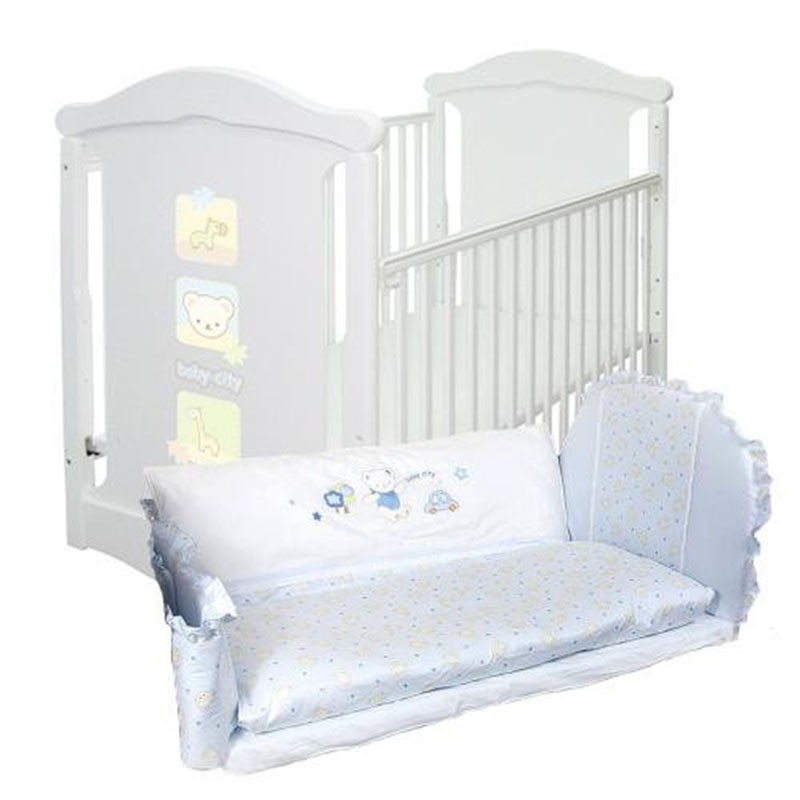 娃娃城 Baby City 動物熊歐式搖擺嬰兒床(珍珠白)+六件寢具組(藍)[免運費]