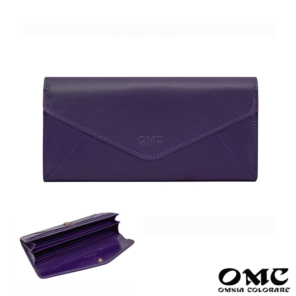 【OMC】義大利植鞣革信封式兩折牛皮長夾95116(紫色)