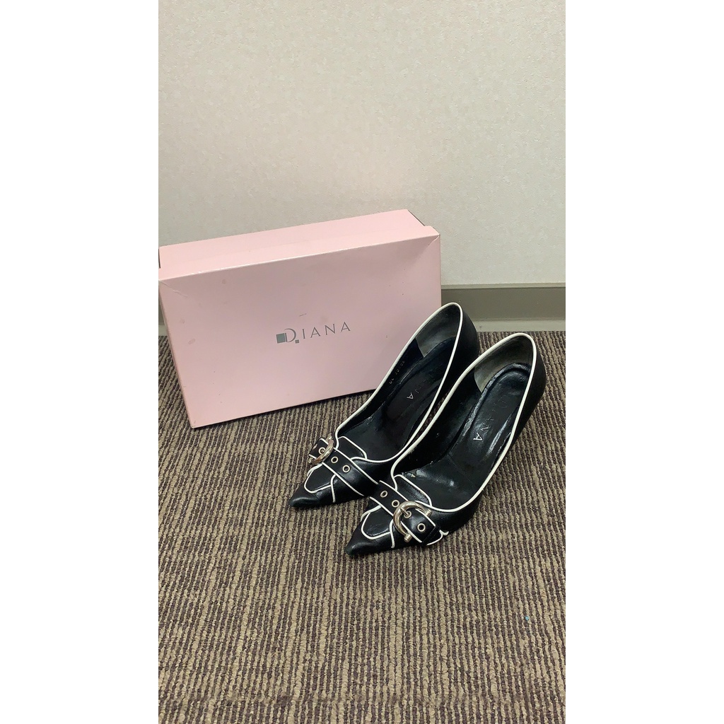 日本購回正品  黛安娜DIANA 黑白滾邊結構時尚真皮細跟高跟鞋23.5  日本製
