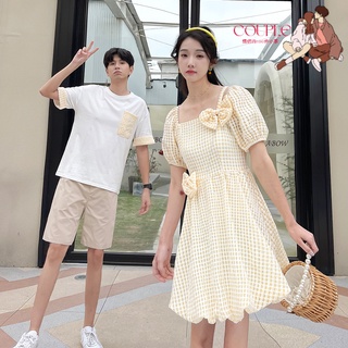 【COUPLE】2022夏季情侶裝😘😘你衣我裙女小清新方領短款連衣裙男T恤短袖
