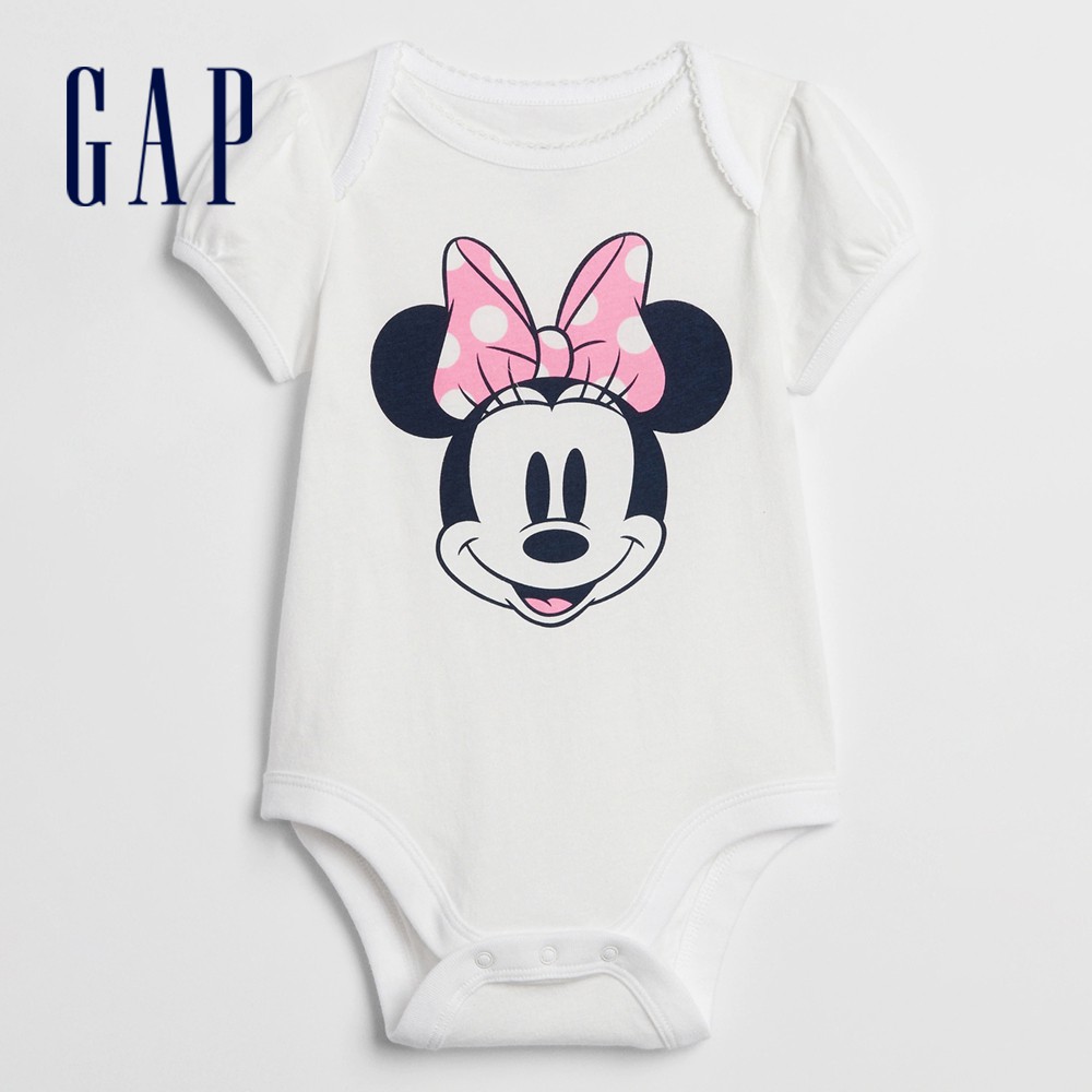 Gap 嬰兒裝 Gap x Disney迪士尼聯名 米妮棉質舒適印花短袖包屁衣-光感亮白(551431)