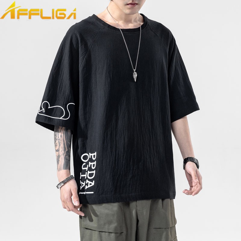 【M-5XL】夏季棉麻短袖T恤 老鼠圖案印花亞麻短袖T恤 大尺碼日系寬鬆休閒T恤上衣 短袖T恤 復古素色短袖衣著 中國風
