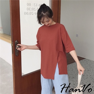 【HanVo】基礎設計款 不規則感前後開衩純棉T 素色短袖上衣 韓系韓國女裝 百搭寬鬆修身 女生衣著 1133