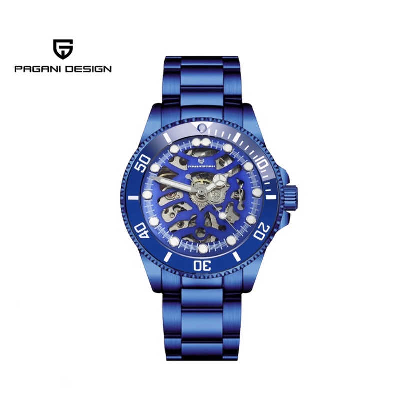 PAGANI DESIGN 義大利 經典水鬼簍空面板機械男士腕錶-全藍