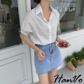 【HanVo】泡泡袖寬鬆復古短袖襯衫 簡約質感穿搭 韓系百搭顯瘦修身上衣 韓國女裝 女生衣著 A01-1205