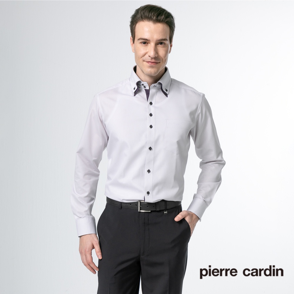 【pierre cardin 皮爾卡登】男襯衫 合身版魅力熱銷長袖襯衫_白底紫點(31852-21)