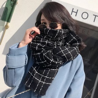 現貨-韓版新款格子拉毛款方格仿羊絨披肩秋冬季情侶款加厚保暖銀絲經典黑白兩色圍巾