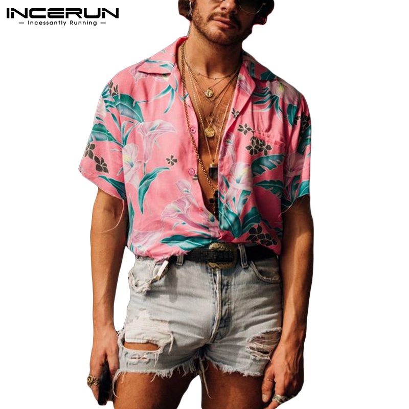 INCERUN男士夏季休閒夏威夷碎花短袖寬鬆沙灘襯衫