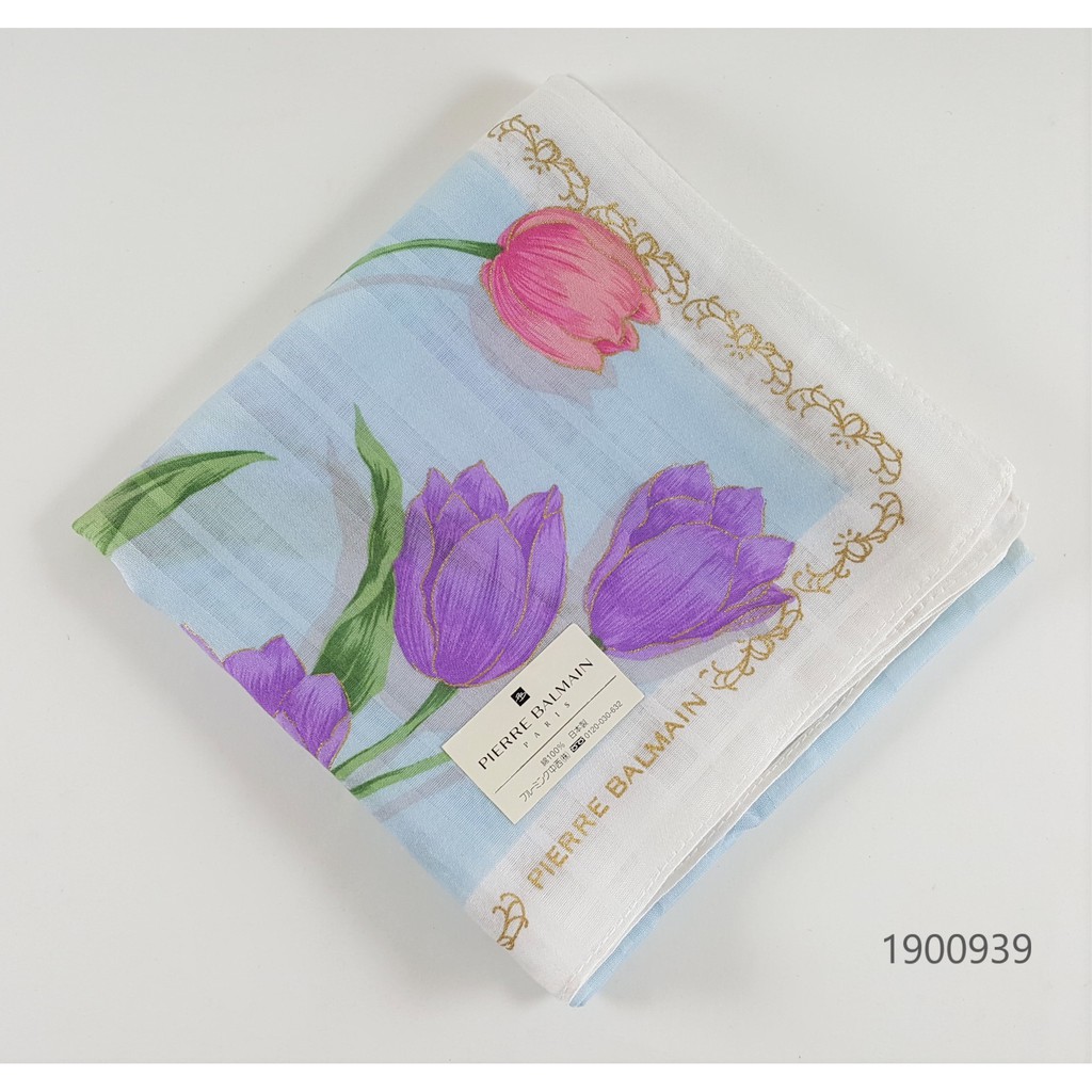 日本製 PIERRE BALMAIN 手帕 手巾 淺藍色底 白色邊 桃色 紫色 鬱金香 圖案 100%棉 1900939