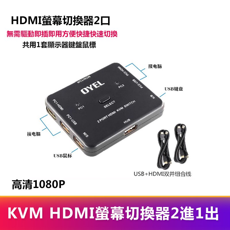 KVM螢幕切換器2口USB HDMI二進一出鼠標鍵盤USB打印機共享器兩臺電腦主機共用控制一臺顯示器打印機共享