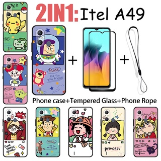 2 合 1 Itel A49 手機殼帶鋼化玻璃螢幕保護膜可愛人物系列