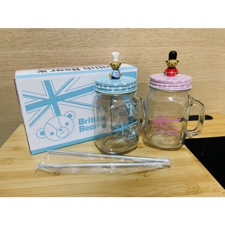 英國熊造型玻璃杯/不鏽鋼吸管兩入組/梅森杯/British Bear/450ml