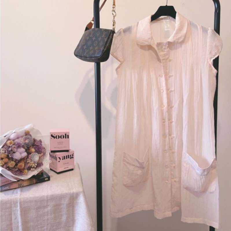 Amissa 全新轉賣 淡粉紅色泡袖壓紋雙排釦輕雪紡長版無袖襯衫洋裝