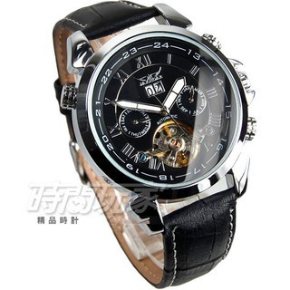 JARAGAR 機械錶 J597黑 雙日曆 皮革錶帶 男錶  真三眼 防水手錶 自動上鍊簍空【時間玩家】