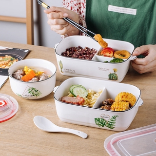 便當盒 餐盒 微波便當盒 加熱便當盒黑邊陶瓷分格飯盒微波爐專用密封帶蓋便當盒長方形上班族保鮮盒