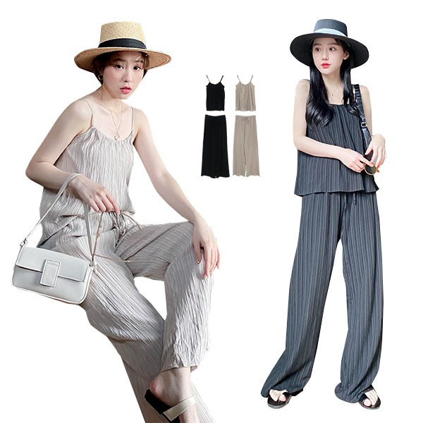 LULUS【A01200349】Y兩件式-綁帶細肩帶上衣+寬褲２色