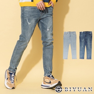 【OBIYUAN】牛仔褲 韓版 造型刷破 刷色 復古 單寧 長褲 2色【X288】