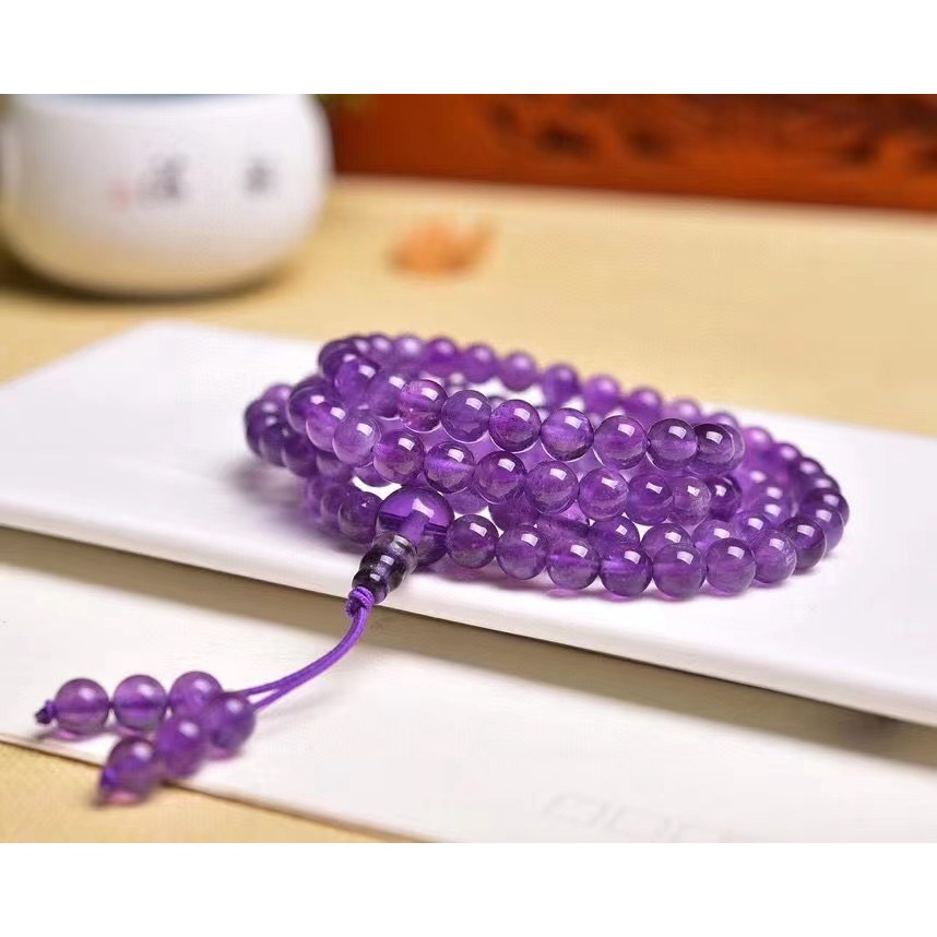 量大有優惠天然紫水晶圓珠108顆佛珠手串 珠子：6mm 紫水晶多圈手鏈 念珠