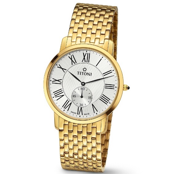TITONI 梅花錶 男 纖薄系列 金色典雅羅馬時標小秒針時尚腕錶(TQ52917G-375)