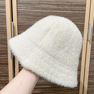 僅試戴過/米白色絨毛漁夫帽 鐘形帽 毛絨帽 鐘型毛帽