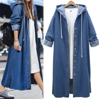 📣📣現貨L-4XL👗牛仔外套👗長版外套 牛仔風衣中長款 2024春裝新款大碼長袖連帽BF過膝牛仔外套潮 秋冬款丹寧風外套