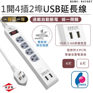 【最新安規！威電 1開4插2埠USB延長線 CU-3141】延長線 插座 USB延長線 延長線插座 電源插座 電腦延長線