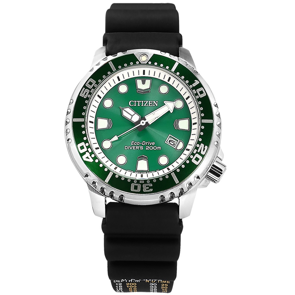 CITIZEN / PROMASTER 光動能 綠水鬼 潛水 日期 橡膠手錶 綠黑色 /BN0158-18X /44mm